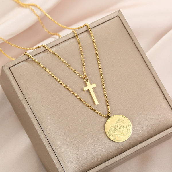 FASHION CROSS ROUND CARD DOUBLE-LEYER NECKLACE