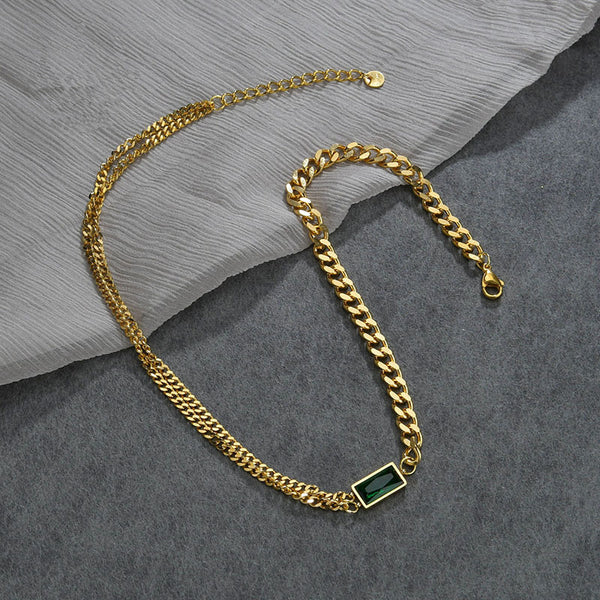 RETRO NECKLACE WIT DIAMOND THICK INLAID GREEN