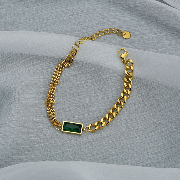 BRACELET SQUARE GREEN INLAID DIAMOND DOUBLE CHAIN